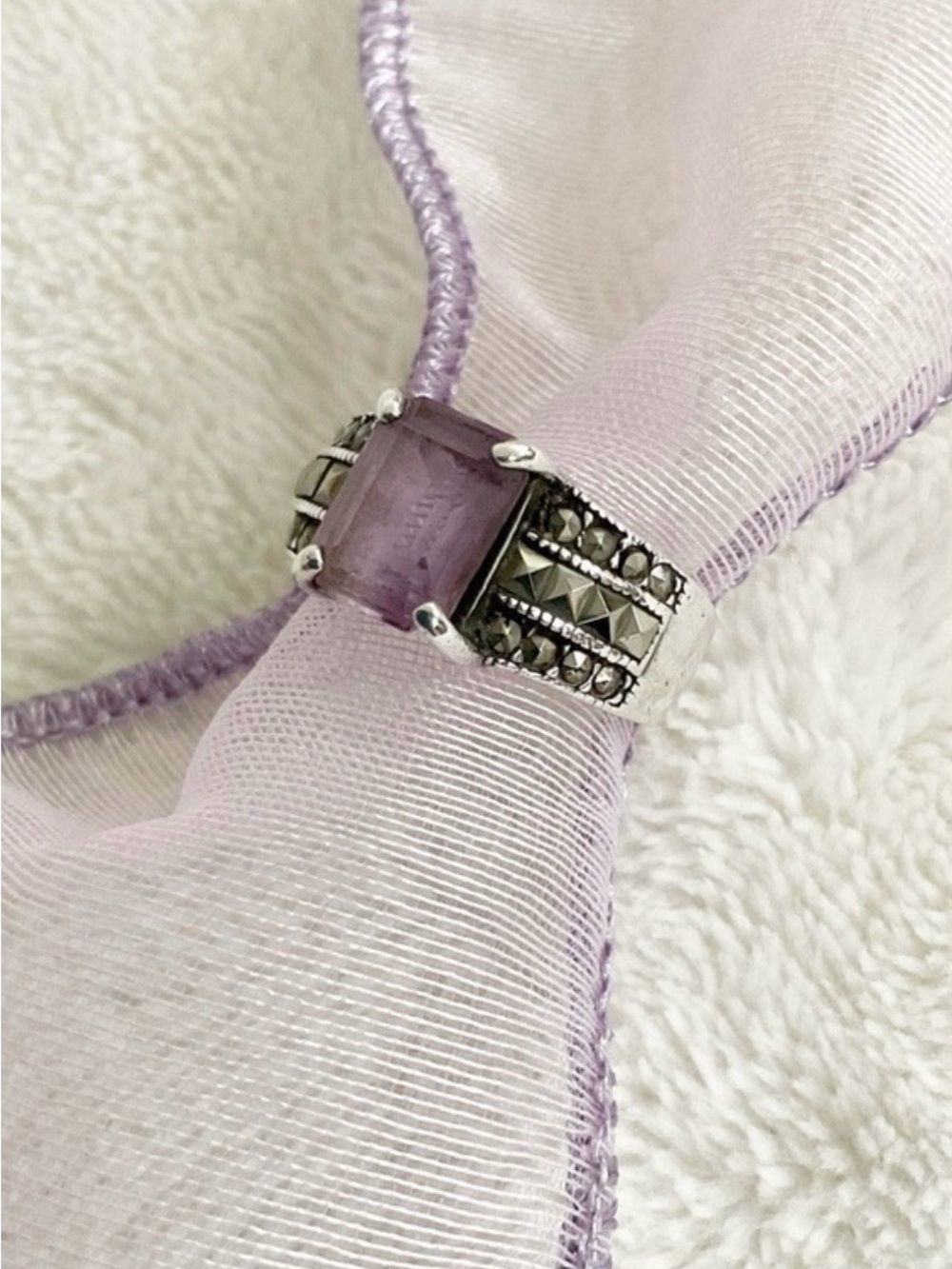 Vintage 925 Sterling Silver Amethyst Marcasite Ring Size 6 Art Deco Style - Picture 3 of 14